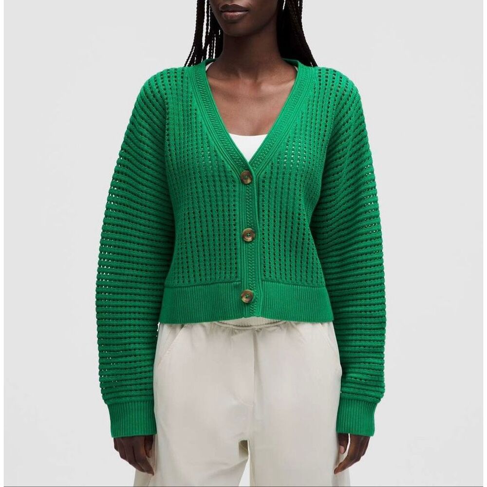 Lululemon Cardigan Cotton Crochet Mesh Relaxed Fit Raceway Green Large